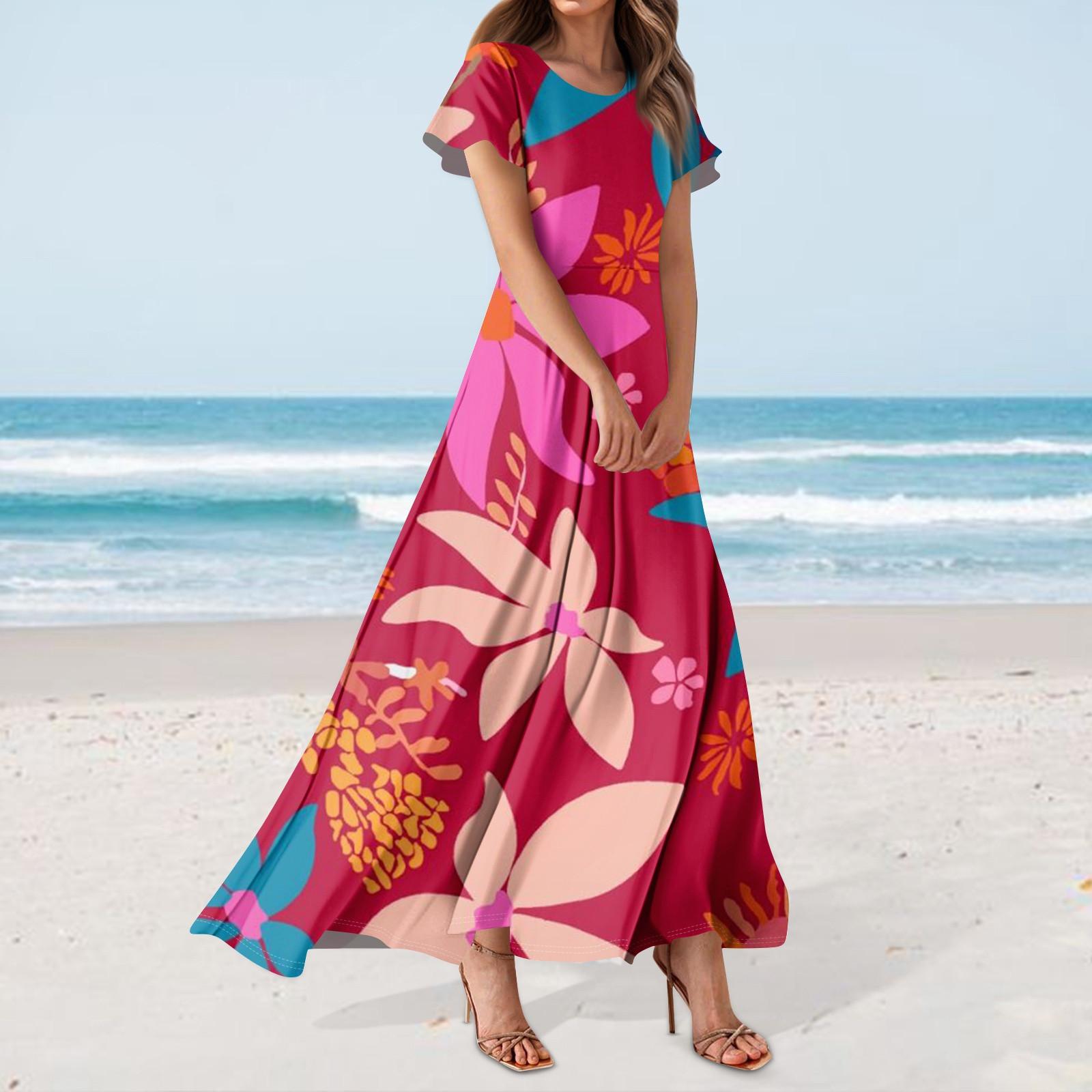 

Женское повседневное платье с гавайским принтом, круглым вырезом, короткими рукавами и высокой талией XL винный