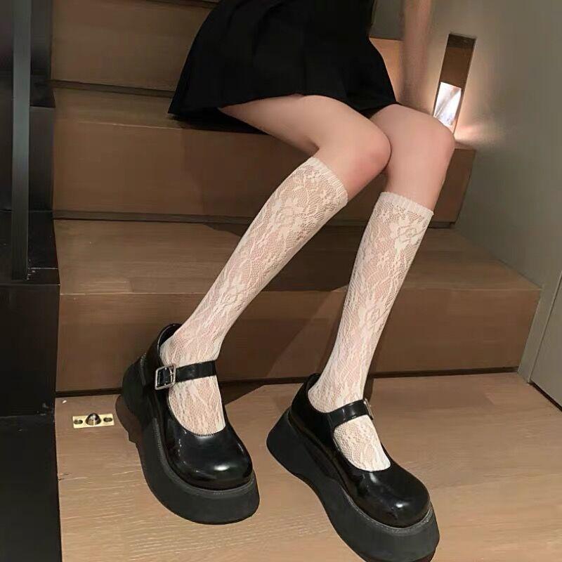 Solid Color Bowknot Hollow Lace Stockings Woman Summer Middle Tube JK Lolita Cute Socks Black White Fishnet Stockings for Women