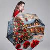 Automatic Folding Umbrella with Winter Snow Scene - Christmas Tree, Red Bows & Snow-Covered House Design, Portable Collapsible