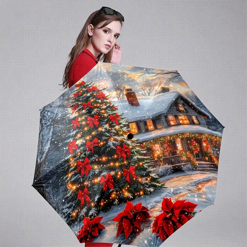 Automatic Folding Umbrella with Winter Snow Scene - Christmas Tree, Red Bows Snow-Covered House Design, Portable Collapsible