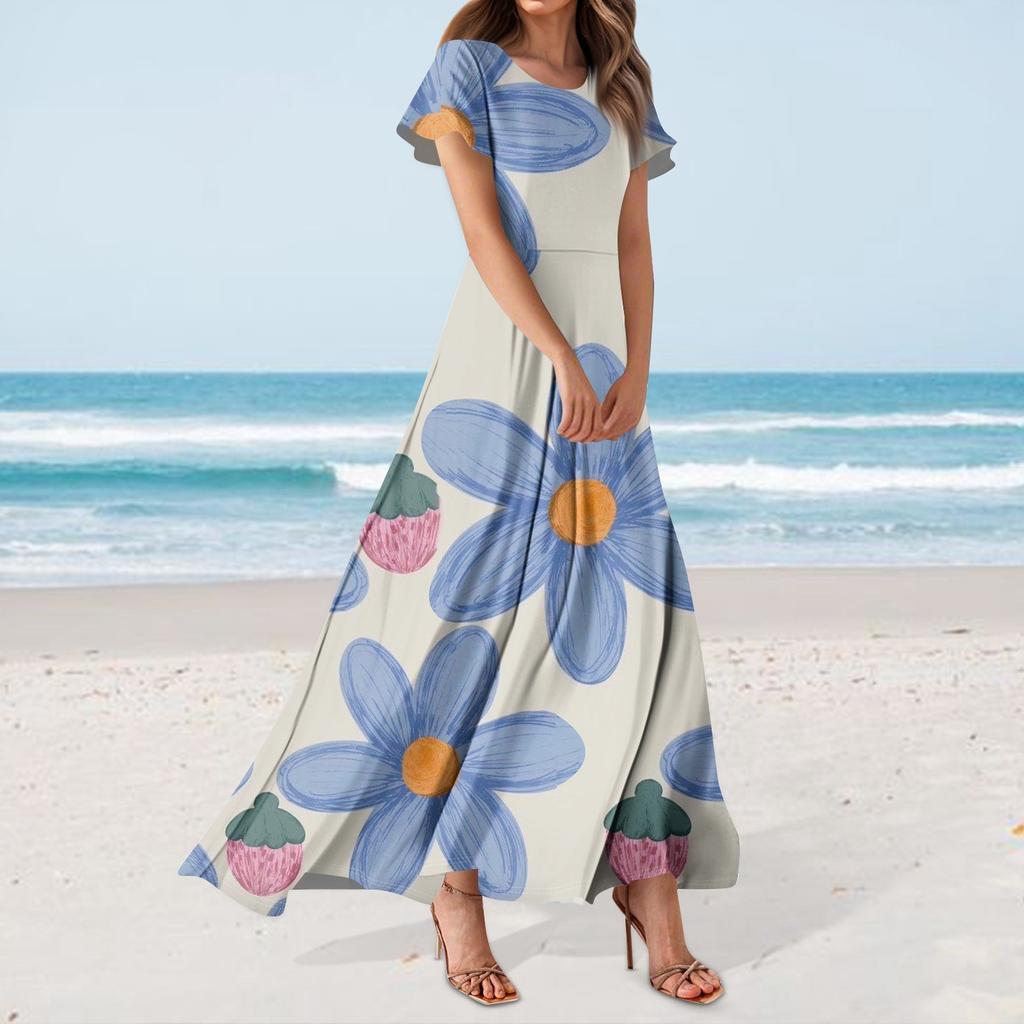 Women's Hawaiian Print Casual Round Neck Short Sleeve High Waist Dress