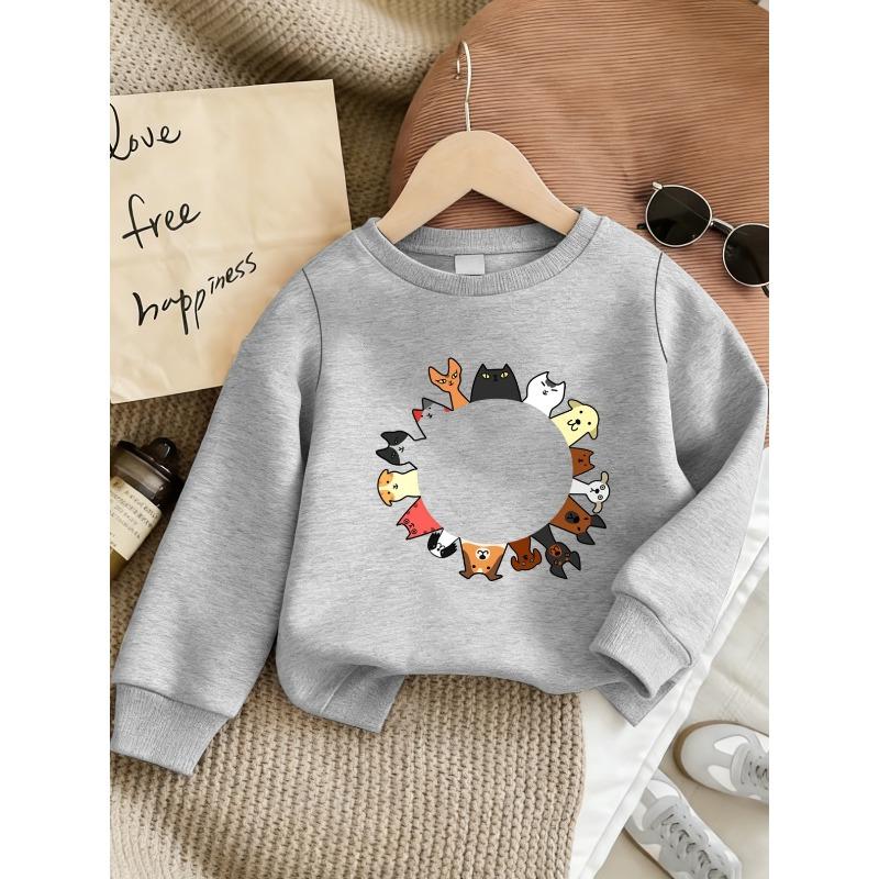 European Sizes Cute Cat Print Design for Kids Aged 0-3, Comfortable And Easy Round-Neck Sweatshirt, Perfect for Outdoor Wear