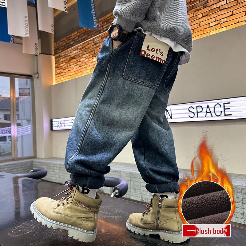 Chlapecké zateplené zimní džíny s fleecovou podšívkou - Teplé bavlněné kalhoty pro střední a velké děti (Kolekce 2025)