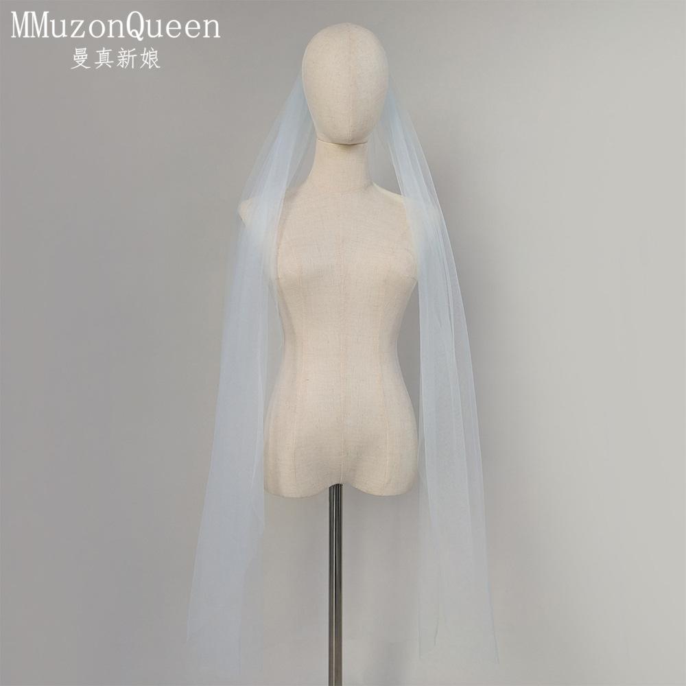 Plain Solid Color Tulle Bridal Veil Single Layer Soft Flowy Simple Wedding Veil White Lavender Light Blue Floor Length Veil For Bride Elopement Shoot