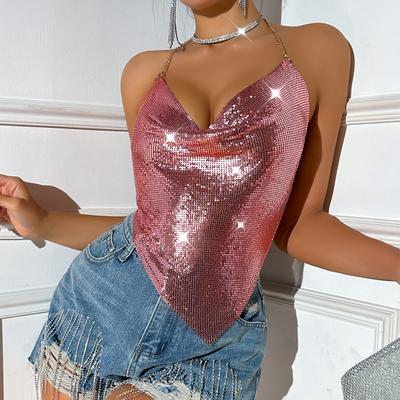 Kadın Payetli Askılı Üstler Halter Kolsuz Sırtı Açık Kısa Yelek Metal Zincir Bağcıklı ve Salıncak Yakalı Seksi Atlet