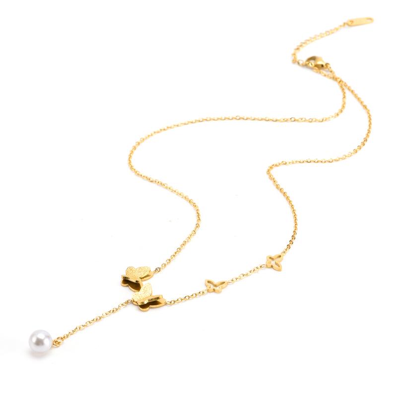 Non-Fading Sweet Fresh Necklace: Titanium Steel Tassel with Diamond-Embellished Multiple Butterflies