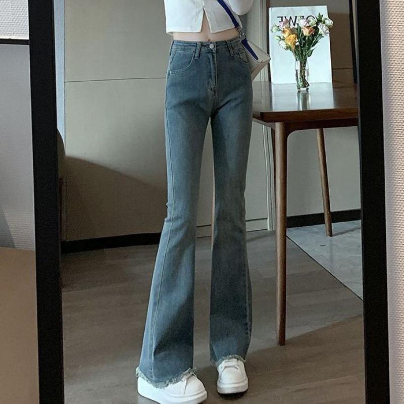 Frayed Micro-Flare Cropped Bell Bottom Women s Jeans - Slimming, Stretchy, High-Waisted, Retro Bootcut Style for Spring/Autumn S