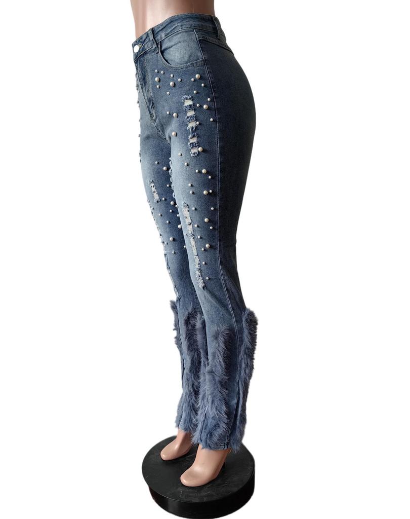 2024 Women's Versatile High-Waisted Distressed Pearl Feather Jeans - European and American Style