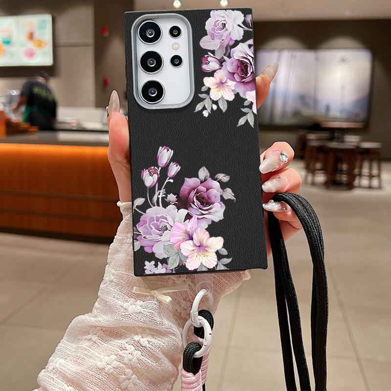 For Samsung S25 Ultra S24 FE S23 S22 A16 A56 A36 A55 A26 A35 Case Flower Pattern Slim Shockproof Matte Leather Texture TPU Soft Lanyard Phone Cover