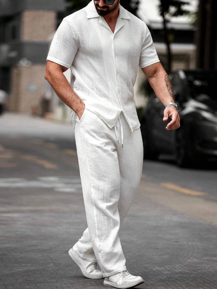 Men's Collar Solid Color Short Sleeved Pants Pleated Style Versatile Casual Suit
