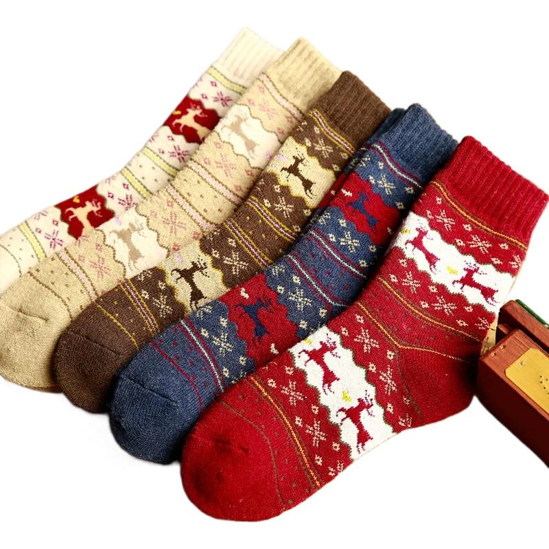 1Pair Polyester Thick Christmas Elk Sock Soft Middle Tube Socks Cartoon Wool Socks Comfortable Winter Warm Women