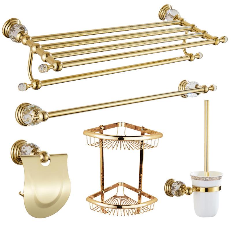 Luxury Crystal Bathroom Accessories Set Gold Polished Bath Hardware Set Wall Mounted Bathroom Products Basket Rack