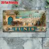 2D Flat Piece, Vintage Metal License Plate, TUNIS Aluminum Logo with Market and Mosque Scene, Suitable for Homes, Bars, Cafes
