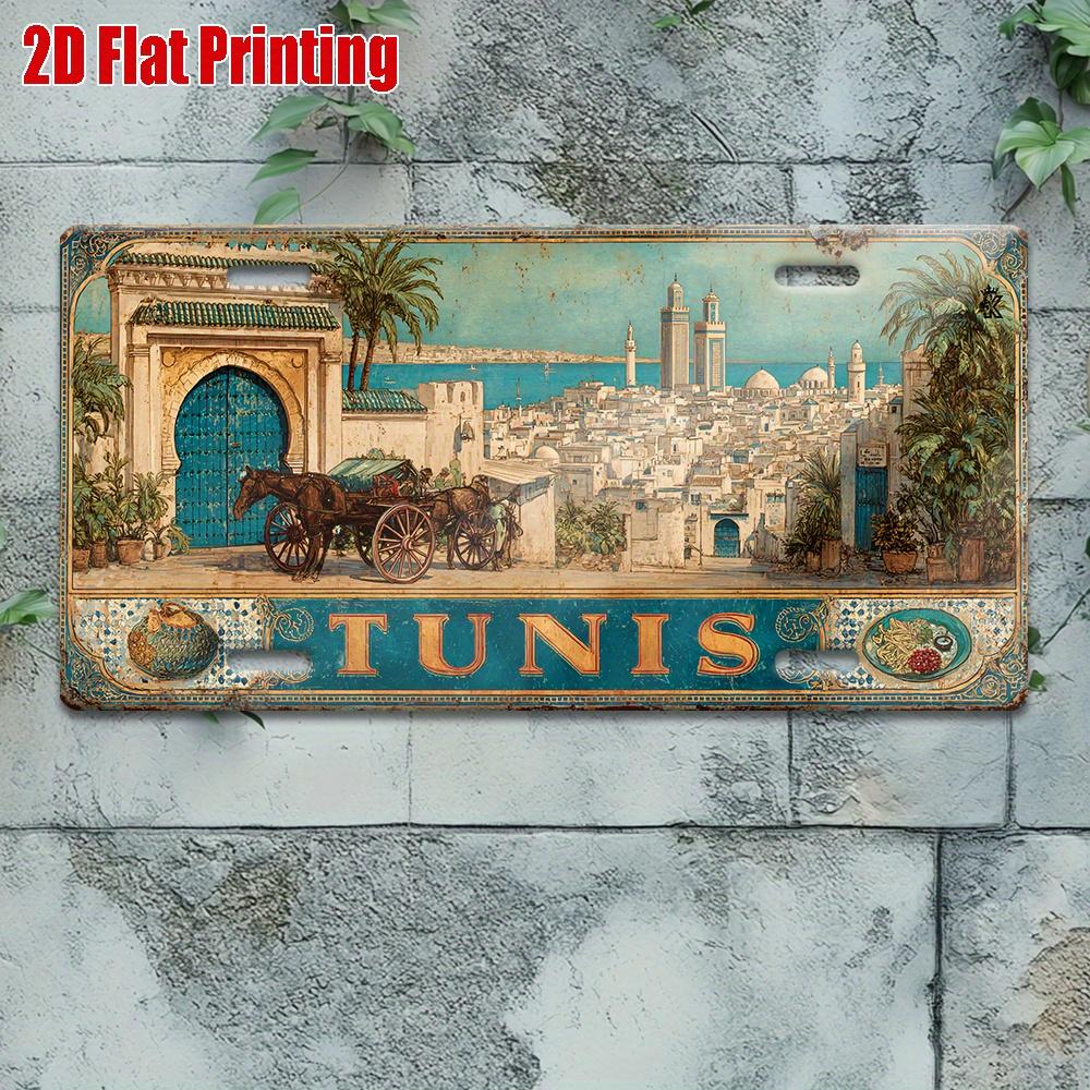 2D Flat Piece, Vintage Metal License Plate, TUNIS Aluminum Logo with Market and Mosque Scene, Suitable for Homes, Bars, Cafes