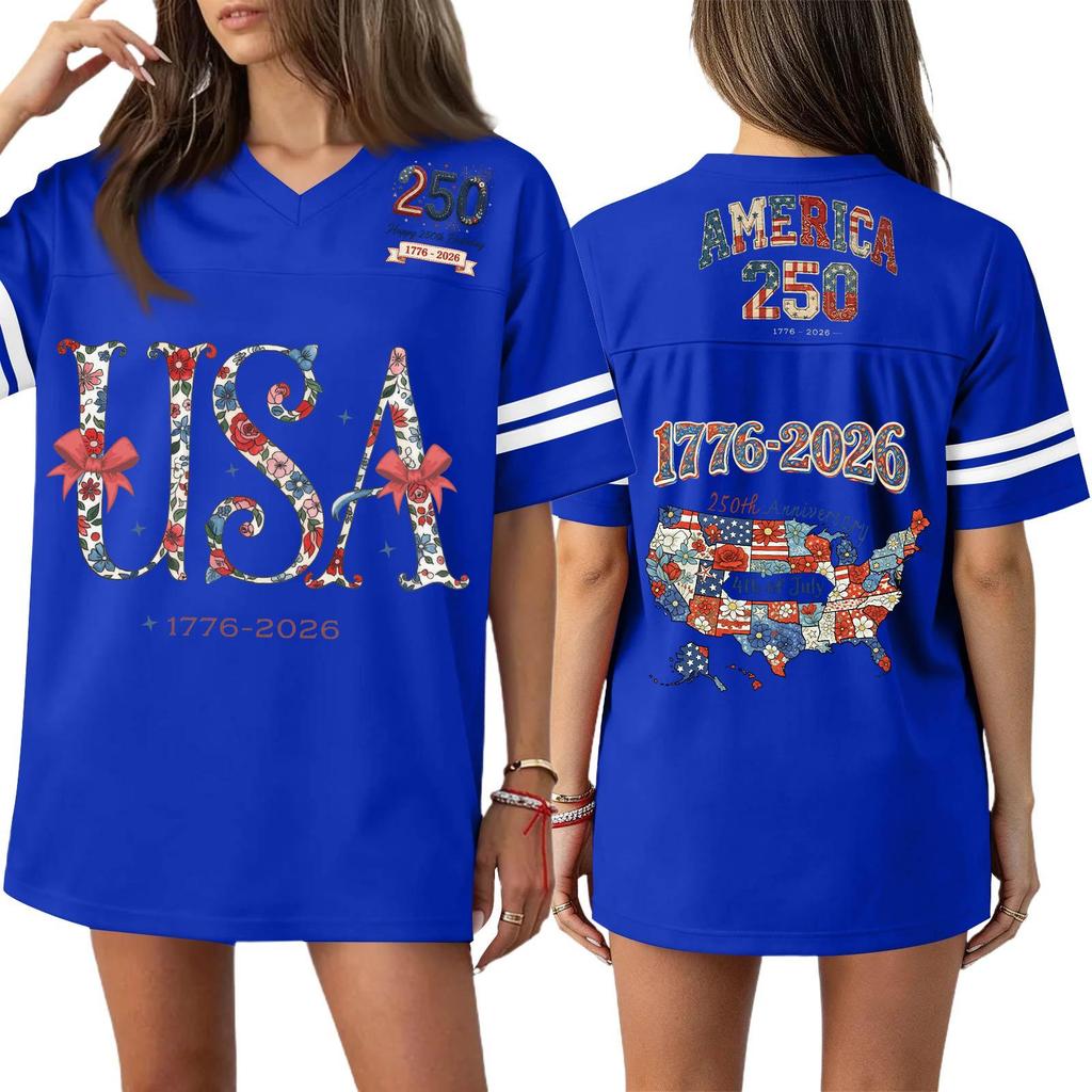 Women's Casual Fashion V-Neck Sports Independence Day Print Short Sleeve Sports T-Shirt Top