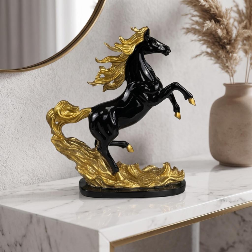 Rearing Horse Figurine Decorative WaveBased Base Indoor Ornament for Art Collectors,