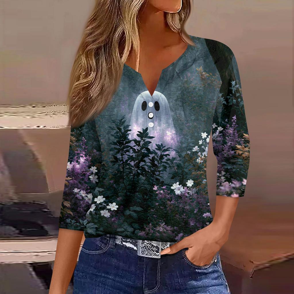 Women's Casual V-Neck Button Pullover T-Shirt with Halloween Print and Three-Quarter Sleeves