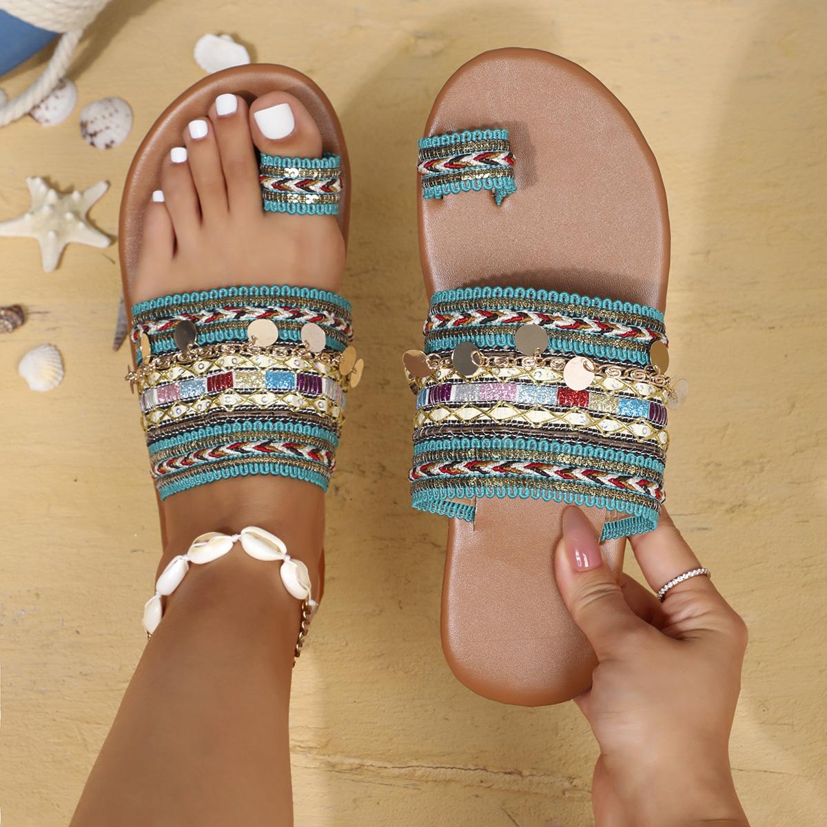 

мода новый тренд лето бохо народно-обычайный ремесленный женские плоские тапочки повседневные дышащие удобные пляжные женские сандалии плюс размер 43 36 зелёный