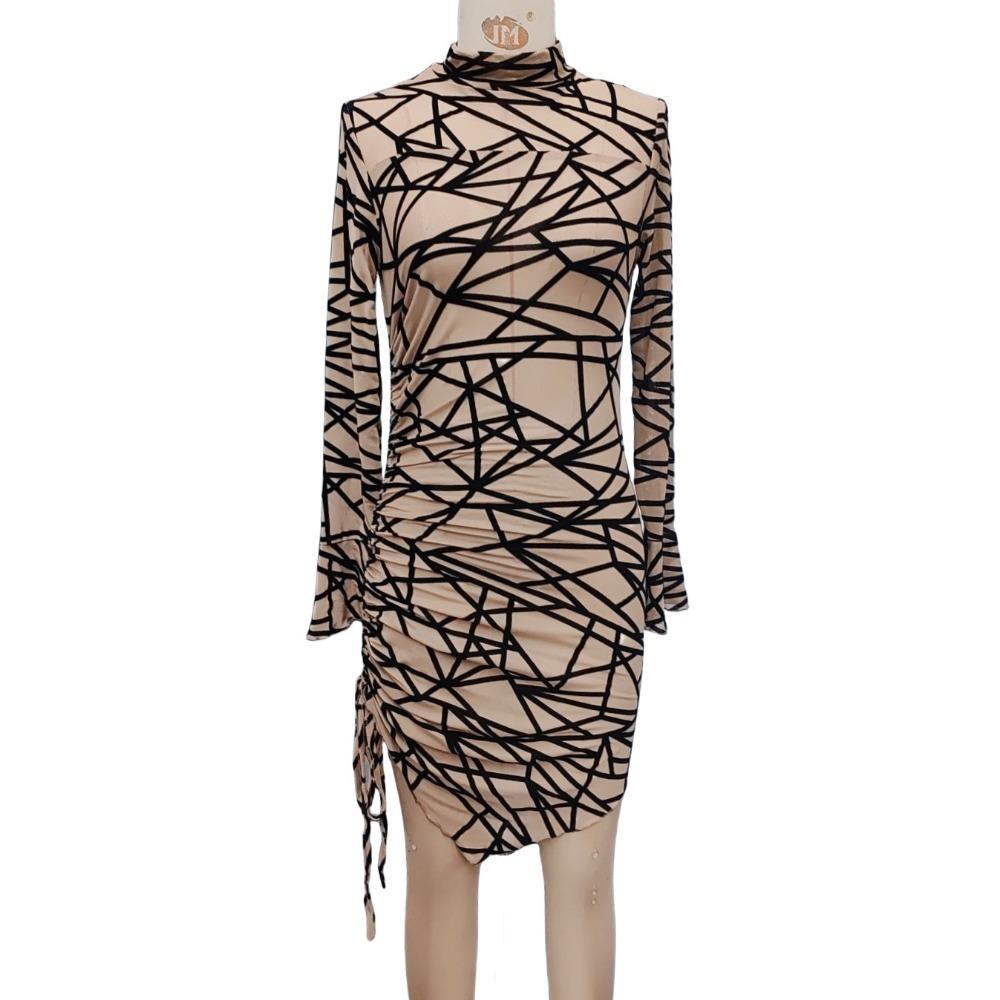 Spring and Summer Women's Slim Side Drawstring Small Standing Collar Long Sleeve Irregular Short Dresses