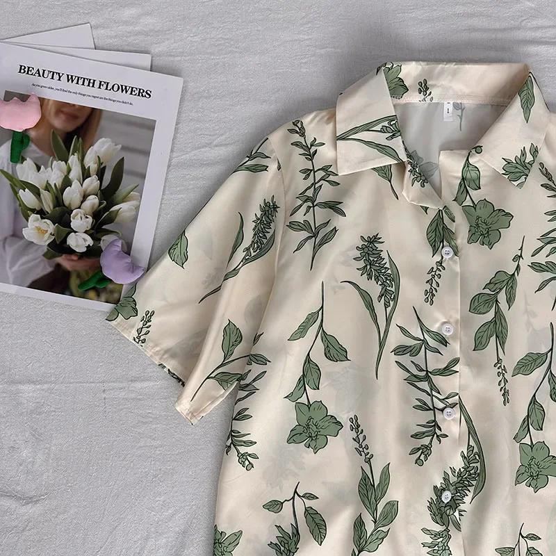 Leaf Printed Blouses Women Turn Down Collar Short Sleeve Elegant Shirts Casual Office Button Vintage Tops Autumn Blusas