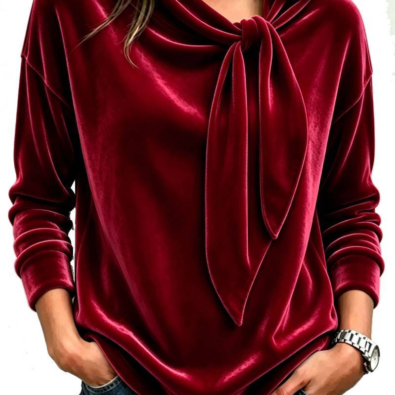 Velvet Top For Women With Pure Color Design And Round Neck For Christmas Casual Wear