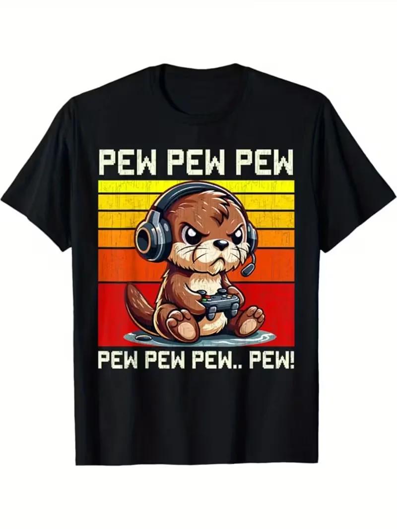Funny Pew Pew Otter Gamer TShirt Retro Sunset Graphic Tee Cotton Short Sleeve Unisex Trip Tee S