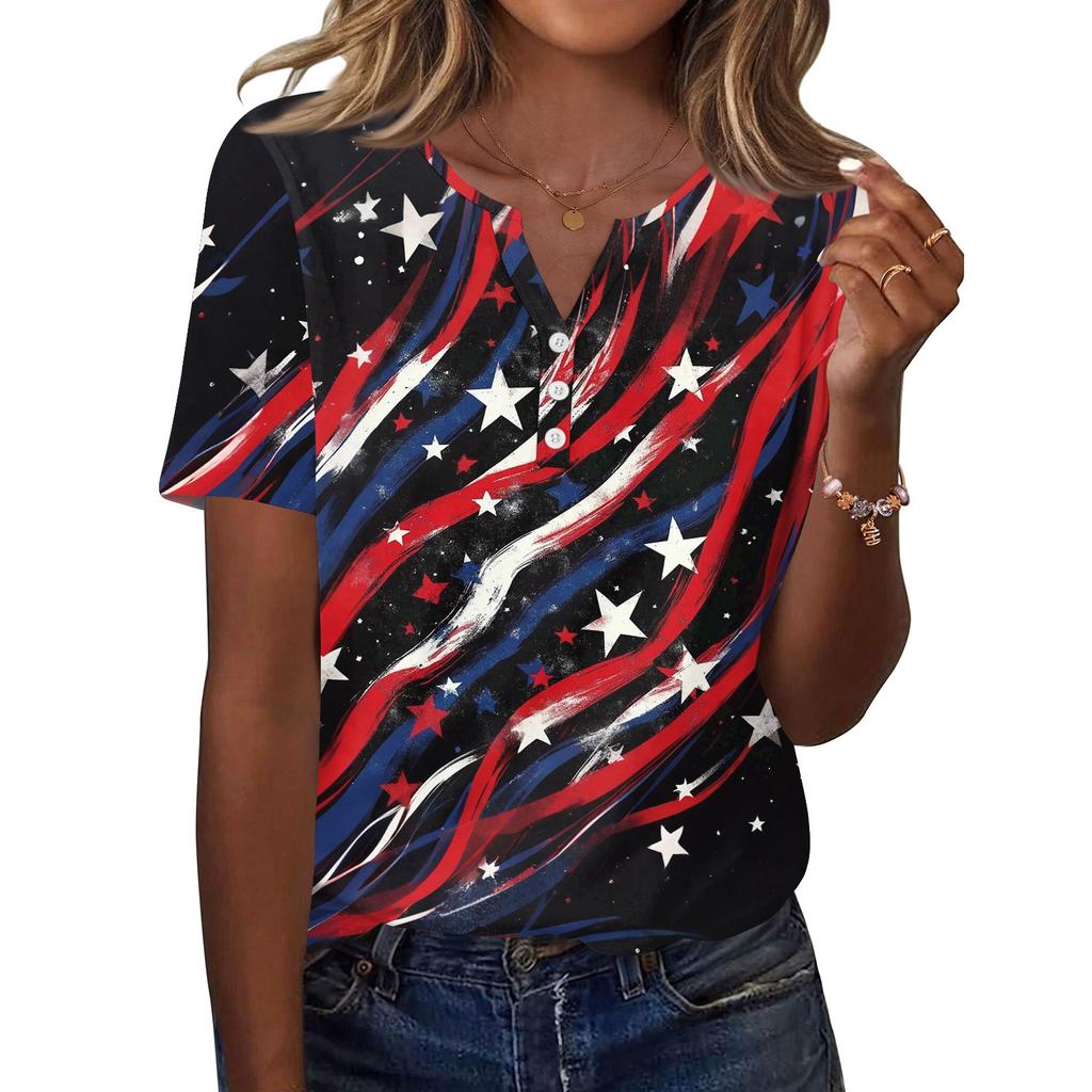 Women's T Shirt Independence Day Print Button Short Sleeve Daily Weekend Fashion Basic V- Neck Regular Top