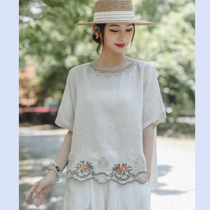 

Новинка этого года, женская вышивка из хлопка и льна, литературный и ретро стиль, повседневная, универсальная, свободного кроя, с круглым вырезом, летняя, удобная, тонкая 3XL