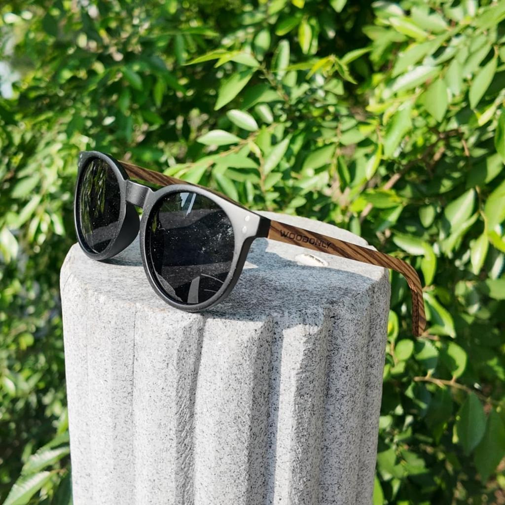 Wooden Polarized Round Sunglasses UV400 Handmade Great Gift for Men and Women [WOODONLY] - Protection, Sunglasses, (Black + Gray)