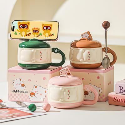 Cute Girl Cartoon Chubby Ceramic Mug with Lid Mobile Phone Stand Cup Birthday Gift Water Cup Souvenir