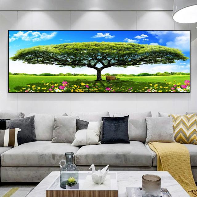 Abstract Red Green Big Tree Wooden Chair Landscape Canvas Painting Posters and Prints Wall Art Pictures Room Home Decor No Frame