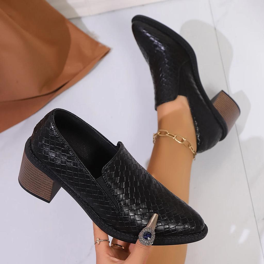 Mode Damen Elegant Klobige Absätze Pumps Mode Einfarbig Gitter Lackschuhe Damen Schwarz Spitz Zehen Hohe Absätze Slipper