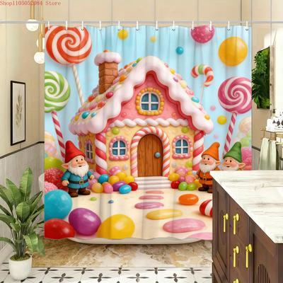Whimsical Candy House & Gnomes with Lollipops Waterproof Shower Curtain for Bathroom Decor