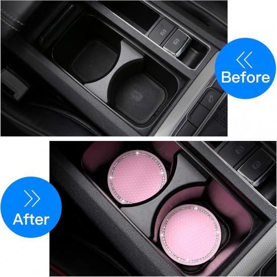 2 Pack Bling Cup Holder Ert Coasters, 2.75 Inch Soft Crystal Rhinestone Rubber Pad Set Round Auto Drink Coaster Car Interior Accessories (Pink)