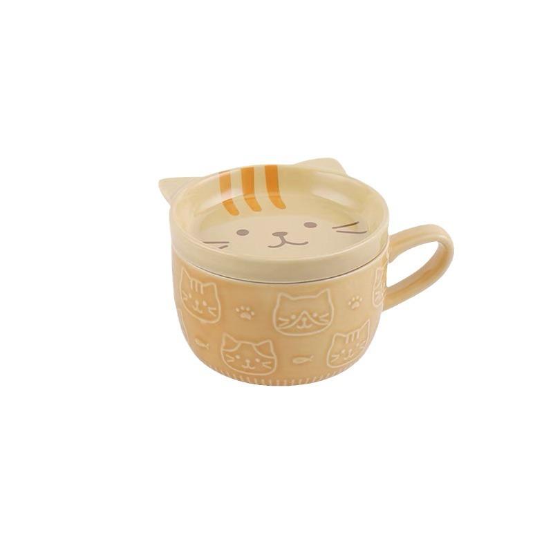 Super Cute Creative Cute Cat Ceramic Plate With Lid High Value Cartoon Student Milk Oat Cup Water Cup