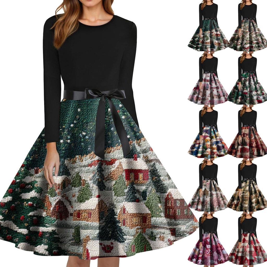 Women's Fashion Round Neck Slim-Fit Christmas Print Long-Sleeved Dress