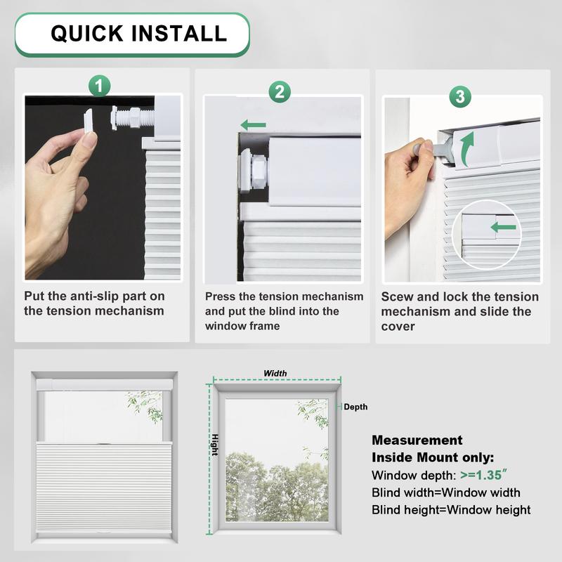 No Tools No Drill Top Down Bottom Up Honeycomb Blinds for Windows, 1" Cell Fabric Cordless Thermal Insulated Noise Reduction
