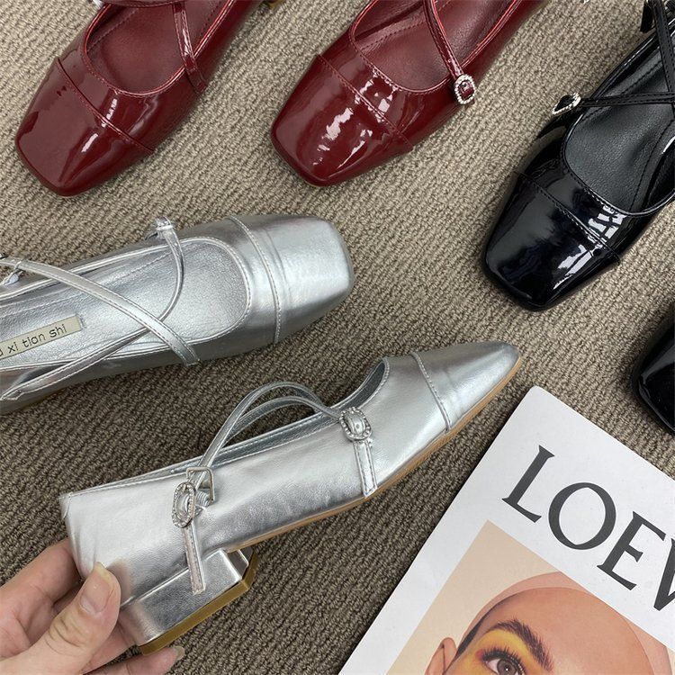 Coarse heel crossed silver Mary Jane square head single shoes women's shoes 2025 new autumn evening gentle flat shoes