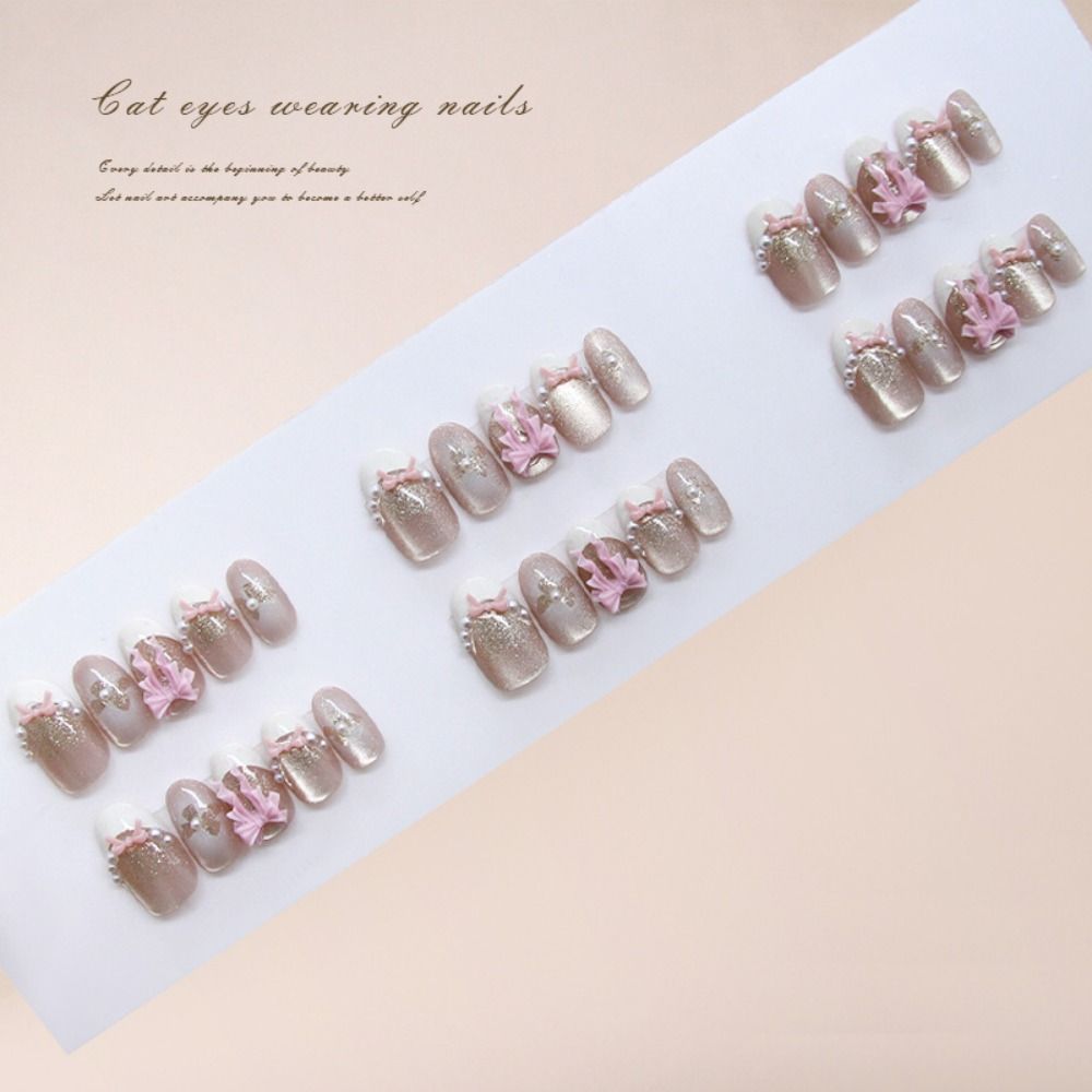 Manicure Long Almond False Nails French Simple Press On Nails Detachable Sweet Pink Bow Nail Tips DIY
