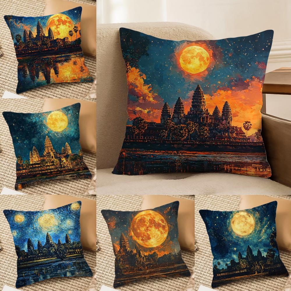 Oil Painting Artwork Angkor WatW Cushion Cover Silky elegant Comfort Sofa Bed Invisible zipper Beach pillowcase