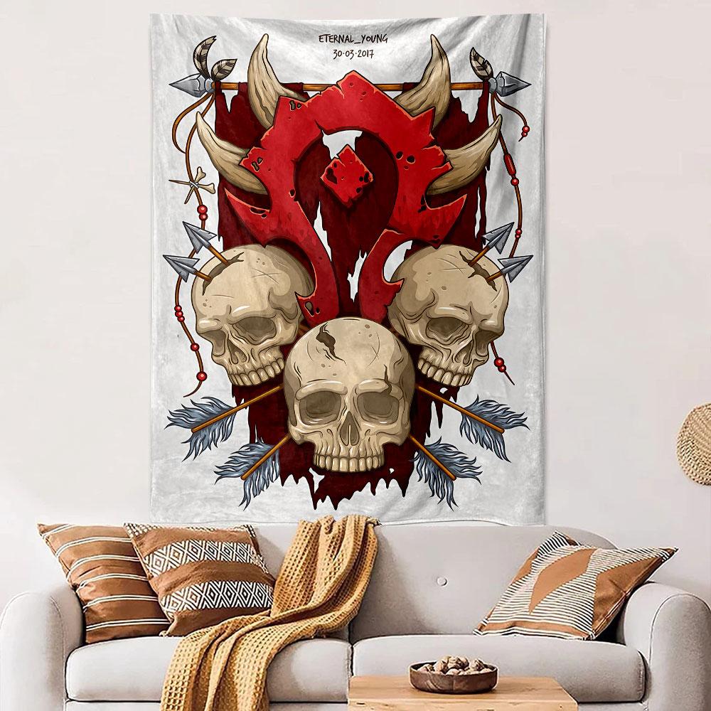 A Red Tribal Crest with Horns, Skulls, Arrows, and a Blood-red Backdrop. Patterned Tapestry for Bedroom and Living Room Home Decor