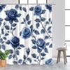 1Pc Blue Rose Floral Shower Curtain - With Blue Roses, Polyester, With Hooks, Machine Washable, Suitable For Bathroom Decoration