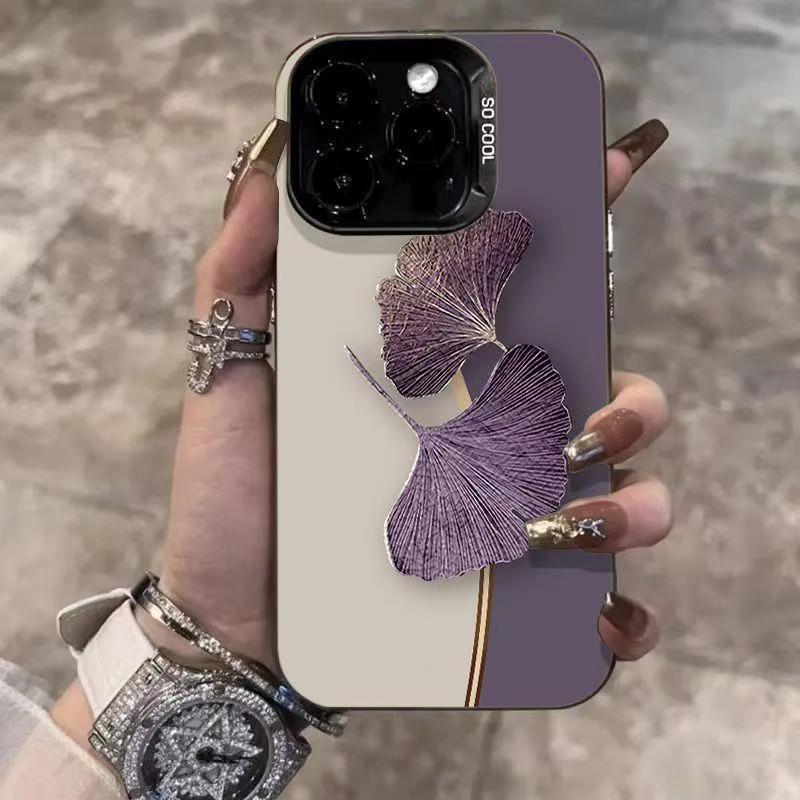 

Purple Ginkgo Leaf Design Silver Shell Phone Case for Apple 17/16/15 Pro, 14 Pro Max, and 13. iPhone 11 Pro