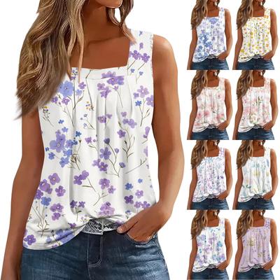 Women's Fashion Casual Pleated Square Collar Sleeveless Vest Print Summer T-shirt