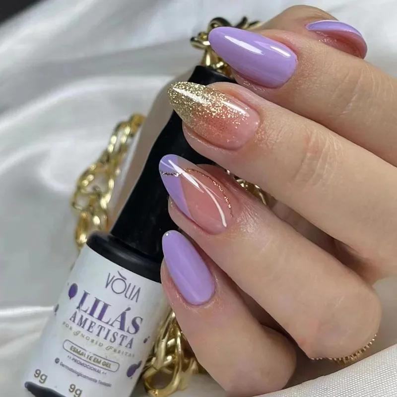 24Pcs Simple False Nails with Glue Short Almond Fake Nails Glitter Aurora Round Head Full Cover Nail Tips Oval Press on Nails