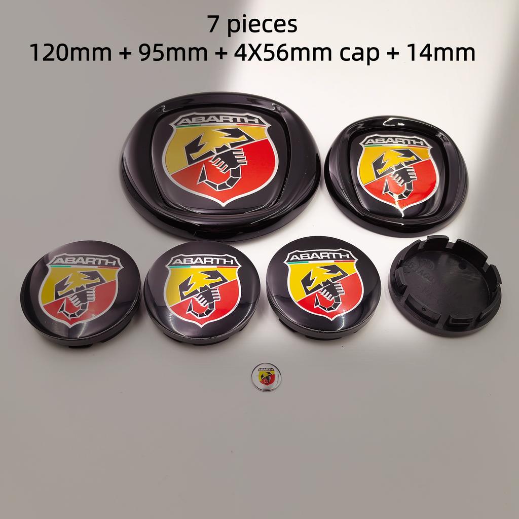 8pcs fiat Abarth Car Front grill front Rear Bumper tail door trunk Emblem 85/95/100/120mm Wheel Center Hub Cap Badge Rim Cover