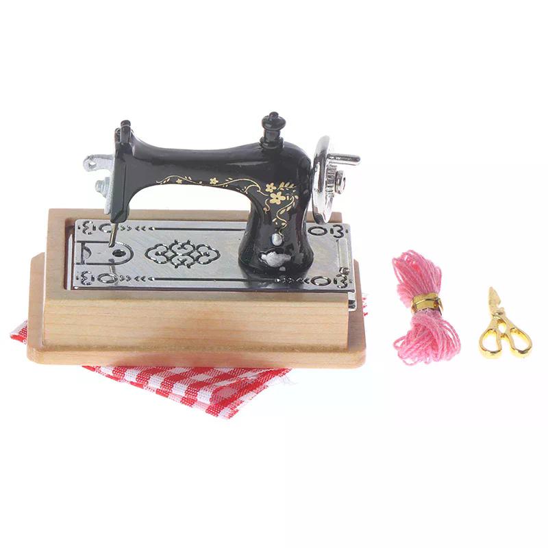 1/12 Dollhouse Miniature Sewing Machine with Scissors Thread Cloth For Kids Children Toy Safe For Children Non Toxic