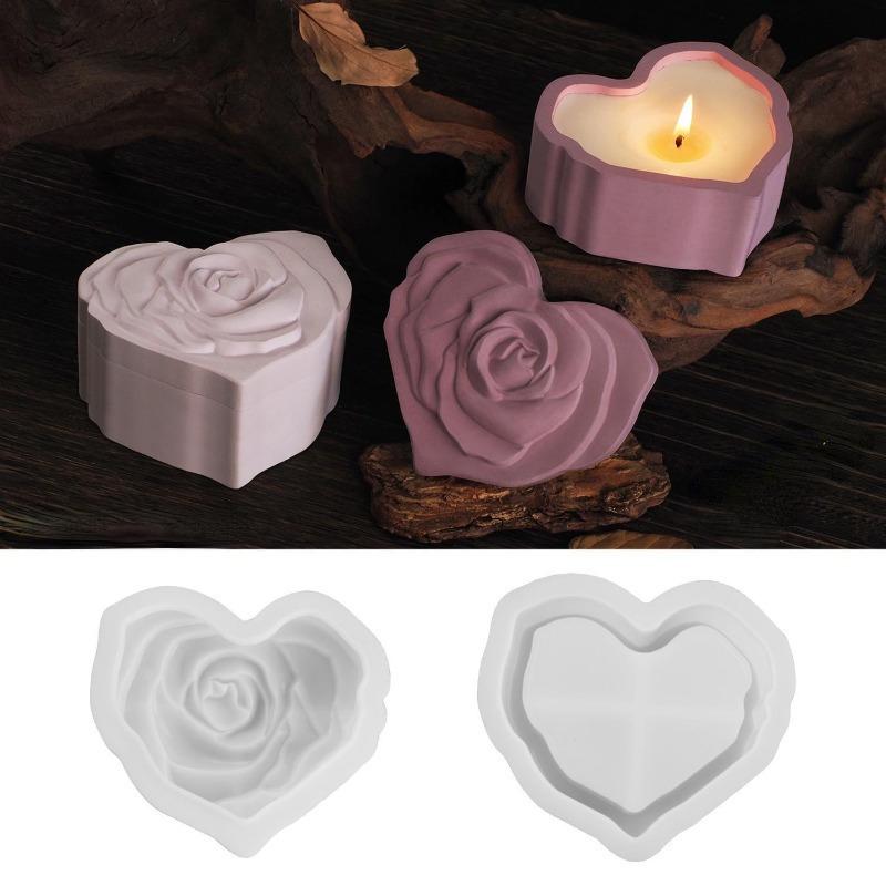 Heart Shape Rose Storage Box Silicone Mold With Lid DIY 3D Carved Rose Candle Jar Concrete Cement Mould Epoxy Resin Plaster Mold