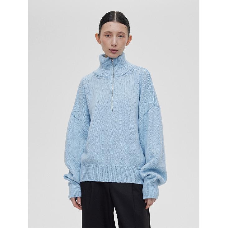Knitted Lady'S Sweater Stand Collar Drop Shoulder Sleeves Loose Oversized Zippers Fluffy Pullover Autumn Casual Jumper