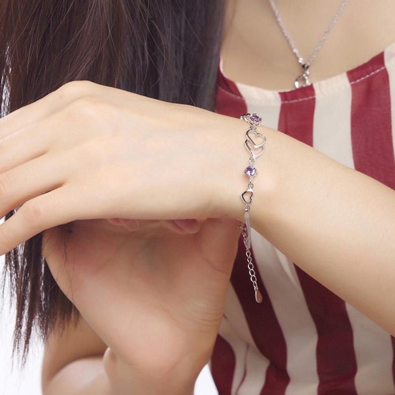 BELLA BOX Korean Fashion White Copper Plated Silver Bracelet Heart To Heart Amethyst Silver Hand Decoration For Women